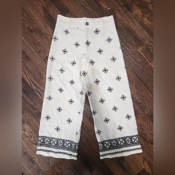 Zara Embroidered wide-leg Linen blend Culotte Pants slightly cropped size small - Picture 1 of 8